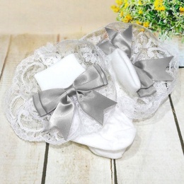 Girls White & Silver Large Satin Bow Lace Socks